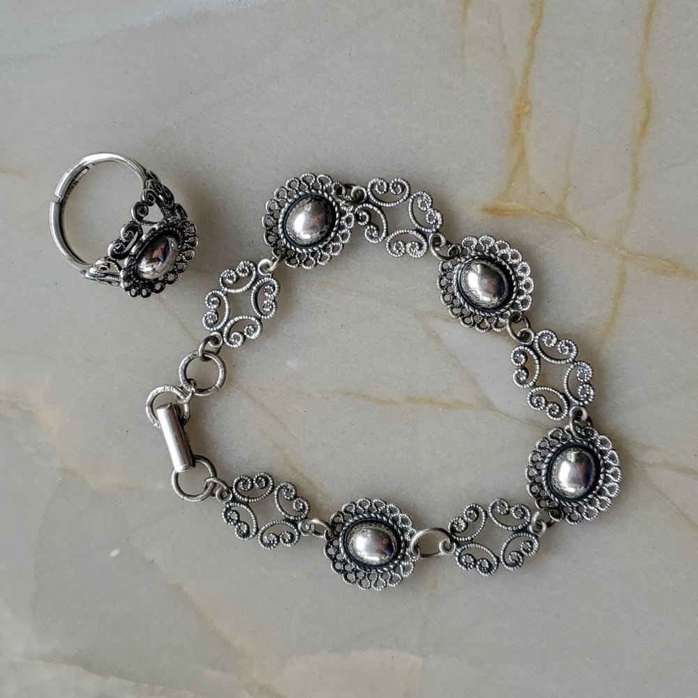 Filigree Vintage Silver Bracelet/ Ring Set